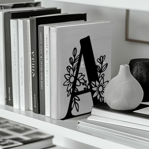 Peacoblue Metal Bookends for Shelves, Modern Decorative Heavy Duty Study Book Ends Stoppers for Office, Desk, Shelf, Room 5.3"x4.3"x7.1" Cast Iron Simple Tall Bookends 1 Pair (Letter A with Flower) - style: Letter A with Flower