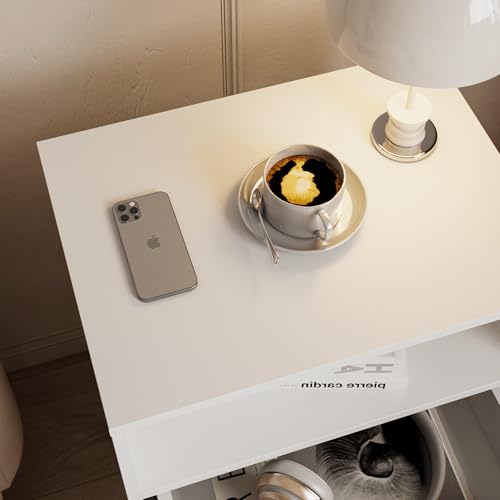 JOONEE Rattan Nightstand,Farmhouse Bedside Table with 2 Storage Drawer and Open Wood Shelf, for Bedroom and Small Spaces,Night Stand with Solid Wood Legs (White) - color: White