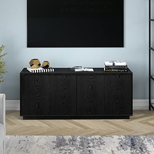 Henn&Hart Fluted TV Stand for TVs up to 65" with 2 Concealed Ribbed Storage Cabinets and Adjustable Shelves for Living Room, Family Room, or Office, Natural Black - color: Natural Black, size: 57" TV Stand