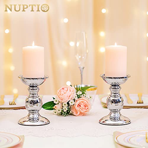 Nuptio Silver Pillar Candle Holders, Wedding Centerpieces Metal Candle Holder for 3inches Candles Stand Decoration Ideal for Weddings Special Events Parties Living Room, 2 Pcs - color: Silver, size: S + S