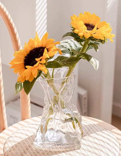 FOWSEEK 8.5IN Large Glass Flower Vase, Irregular Clear Big Vases for Centerpiece Table Indoor Desk Decor, Modern Art Decorative Vase for Home Office Wedding Bookshelf Housewarming Gift - color: Clear, size: Large
