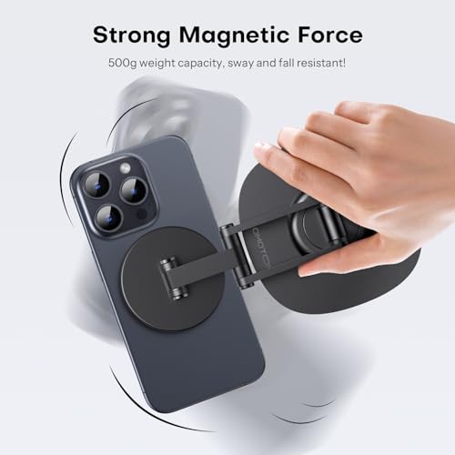 OMOTON 360°Rotating MS04 Magnetic Phone Stand for Desk, Adjustable Foldable Aluminum for MagSafe Cell Phone Stand Holder with Non-Slip Base, for iPhone 17/16/15/14 Pro Max Air, Black - color: Black
