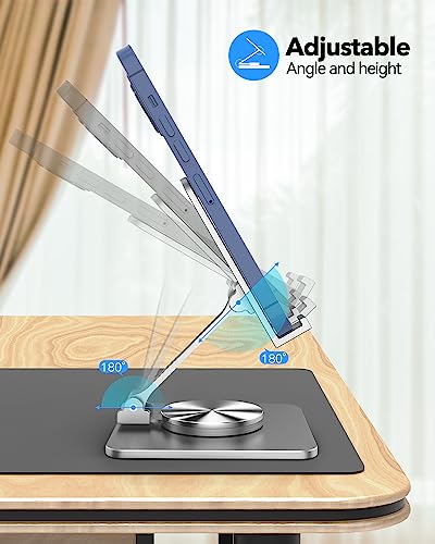 Cell Phone & Tablet Stand for Desk, Aluminum Adjustable Holder for iPhone, iPad & Smartphones || Foldable Mount with 360° Swivel, Stable Base & Portable Design for 4–9.7in Devices, Grey - color: Grey