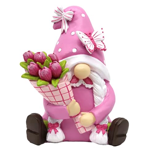 Spring Gnomes Decorations for Home Office- Pink Resin Garden Gnomes with Butterfly Tulip Tiered Tray Decor- Spring Mother's Day & Retirement Gifts - color: Pink
