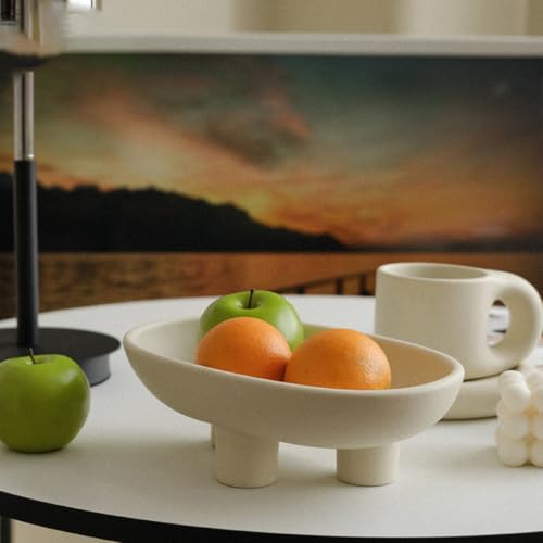 WENSHUO Three-Legs Ceramic Fruit Bowl for Kitchen Counter, Decorative Bowl for Table Décor, 10-inch Oval Large Bowls for Breads (Matte Crème) - color: Matte Crème