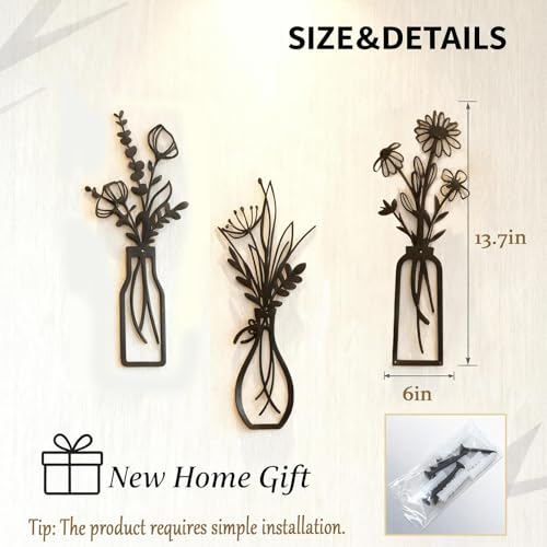 Set of 3 Black Metal Flower Wall Art, Modern Farmhouse Rustic Vase Wall Decor for Living Room Bathroom Kitchen Bedroom, Elegant Gift for Housewarming Spring Mother's Day for Homeowners - color: Black