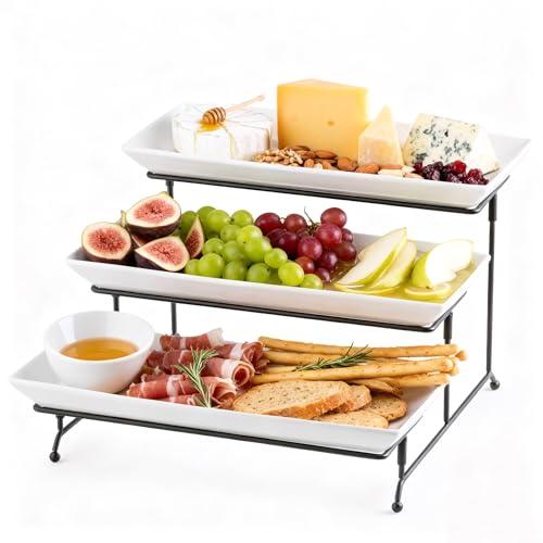 Gomakren 3 Tier Serving Trays Stand 14 Inches Serving Platters Rectangular Large Serving Plates for Party Display Set Collapsible Sturdier Rack, White Serving Trays and Platters - color: Black, size: 15.7" x 13.5" x 9.2"