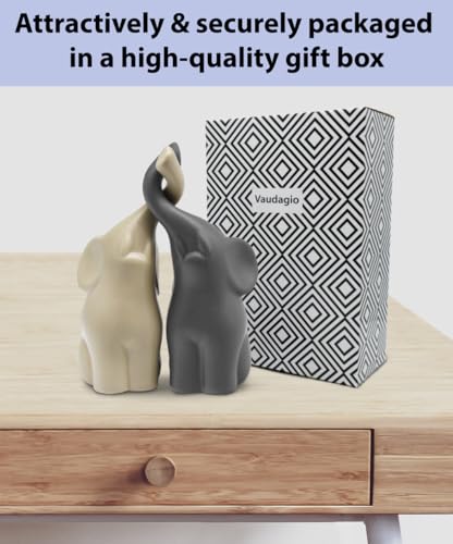 Vaudagio Loving Pair of Elephants in Beige & Grey - Modern Ceramic Sculpture - Figurine as a Set - Decoration Figure 6.3" high - Ornament Elephant in Love
