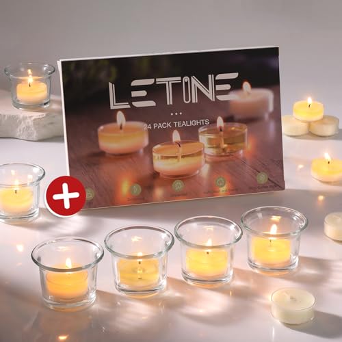 LETINE 24pcs Clear Tealight Candle Holder & 24pcs White, Smokeless, Unscented Soy Wax Tea Candles - Votive Candle Holders, Tea Lights Candles for for Spring Decorations,Weddings Decor