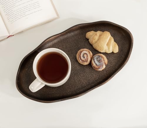 Kate and Laurel Alessia Modern Decorative Scalloped Oval Footed Metal Tray; 14 x 8; Bronze; Transitional Food-Safe Cast Aluminum Pedestal Tray with Rough Texture and Deckled Edge - color: Bronze