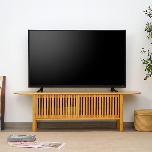 Bamboo TV Stand for TVs up to 65", Accent Entertainment Center with Storage, Media Console Table with Fence Door, Modern TV Stand for Living Room, Bedroom, 55"(L), Burlywood - color: Burlywood Fence Door