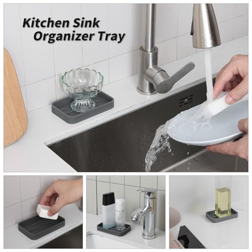 MicoYang Silicone Kitchen Sink Organizer Tray for Multiple Usage,Easy Clean Sponges Holder for Kitchen Bathroom Counter or Sink,Dish Soap Dispenser,Scrubber,Bottle,Cup Grey 4.9”x 3.2” - color: Gray, size: 4.9" x 3.2" x 0.7"