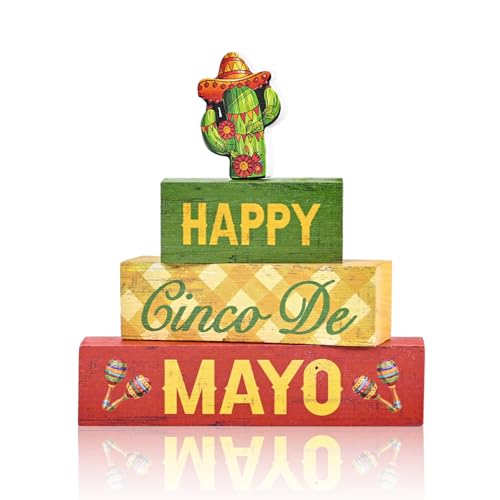 Smile Happy Cinco De Mayo Wooden Block Stack with Cactus Decor, Mexican Fiesta Tiered Tray Tabletop Sign for Cinco De Mayo Party Decorations - style: Cactus