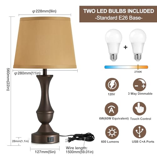 Luvkczc 22" Table Lamp Set of 2 - Farmhouse Vintage Brown Bedside Lamp with Brown Fabric Shade, Dimmable, USB C+A Ports, Nightstand Lamp for Living Room Bedroom (Bulb Included) - color: Brown,Brown, size: 22in