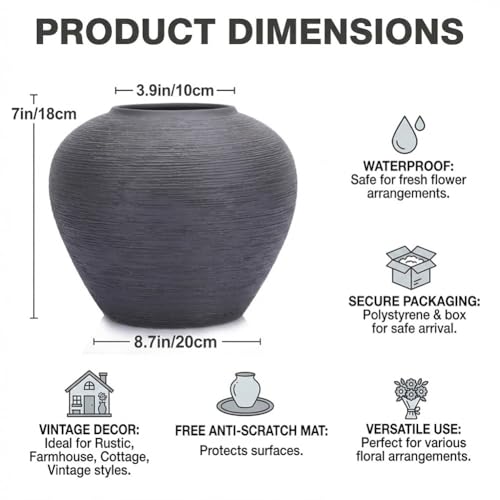 Rustic Black Ceramic Vase with Textured Finish, Large Round Terracotta Vases for Farmhouse Home Decoration, Wide Mouth Vintage Pottery Vases for Living Room, Kitchen, Table Centerpieces - size: Small