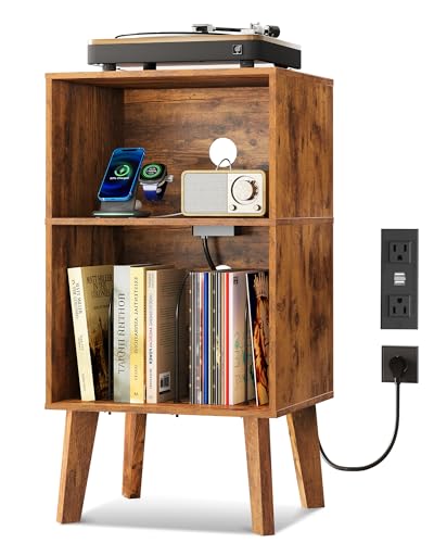 WLIVE Record Player Stand, Modern Nightstand with Storage, Small Space Bedside Table, End Table for Bedroom & Living Room, Mid Century Night Stand, Rustic Brown - color: Rustic Brown