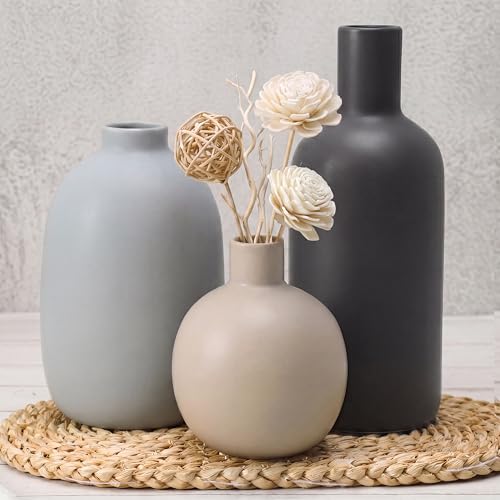 Ceramic Vase Set of 3, Large Neutral Rustic Vases for Farmhouse Decor, Pampas Grass & Dried Flowers and Table Living Room Home Decor - color: 3pcs-multicolor Large