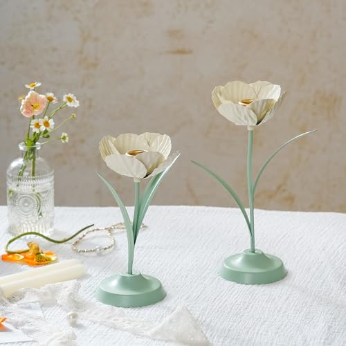 NIKKY HOME Tulip Taper Candle Holders Set of 2, Vintage Elegant Flower Shaped Metal Candlestick for Table Centerpieces, Spring Wedding Decor and Dinner Party, White & Green - color: White Green