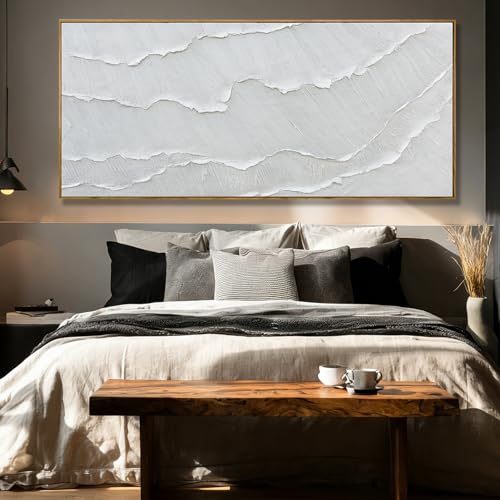 WINKAILIN White Wave Wall Art Textured Canvas Hand-drawn Minimalist Pictures Modern Oversized Painting Extra Large Artwork for Living Room Office Hallway Home Decoration 32x70 Inch - color: White, size: 70"L x 32"W