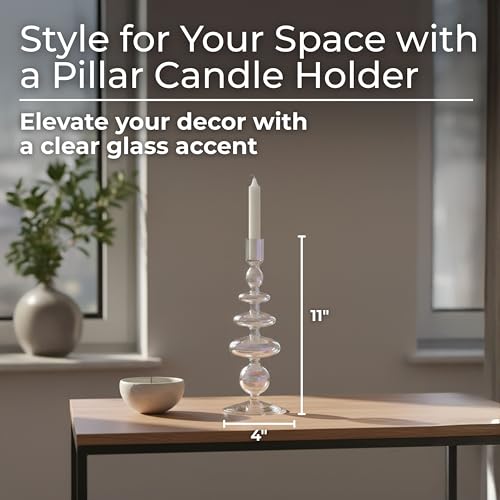 Vintage Glass Candle Holder for Pillar Candles – Taper Candle Holders for Table Decor, or Living Room – Stacked Disc and Sphere Design Candlestick Holders, Boho Home Decor – 11", Clear - color: Clear, size: 11.0" H