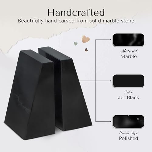 Modern Wedge Marble Bookends – Hand Carved, Polished Stone Bookends w/Non-Slip Rubber Pads – Lightweight & Compact Decorative Bookends - Versatile, Luxury Book Organizer for Shelf & More - color: Jet Black