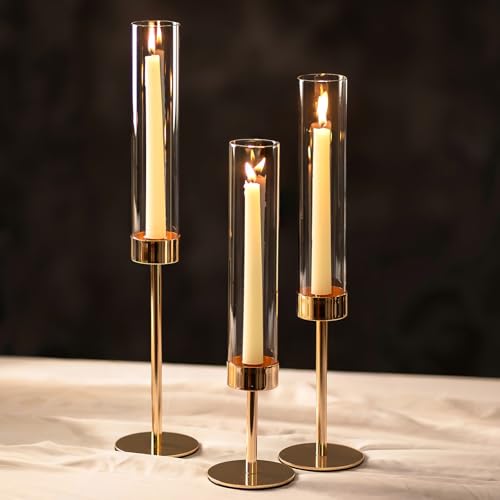 NUPTIO Hurricane Candlestick Holders for Centerpiece: Gold Taper Candles Stick Holders with Clear Glass Chimney - Tall Candleholder Set of 3 for Birthday Party Outdoor Decor - color: Clear, size: 3pcs