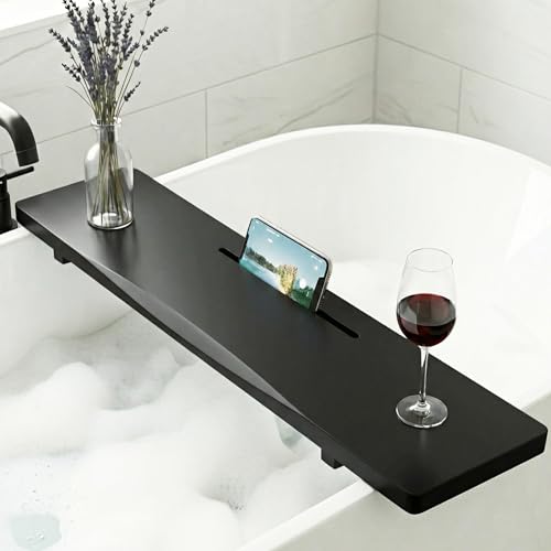Elegant Black Bamboo Bathtub Tray Caddy for Freestanding Tub, 35" L Adjustable Bath Tray for Tub, Luxury Spa Bathroom Tray Organizer Table, Bath Tub Accessories for Women, Housewarming, Birthday Gifts - color: Black, size: 35"W x 9"D x 2"H