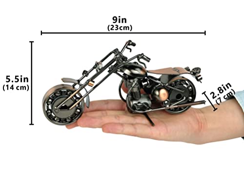 TRANSGOOD Handmade Motorcycle Model with Rolling Wheels, 9" Vintage Steampunk Bike Sculpture, Heavy-Duty Iron Desk Decor, Unique Biker Gift for Dad Husband, Industrial Man Cave Office Home Art