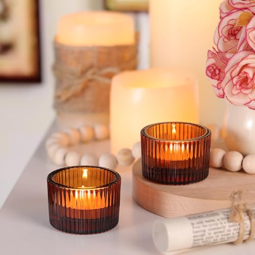 Lanttu Tealight Candle Holder Set of 12, Amber Small Votive Candle Holders for Table Centerpiece,Glass Tea Light Candles Holder for Party&Home,Wedding Decor - color: Amber