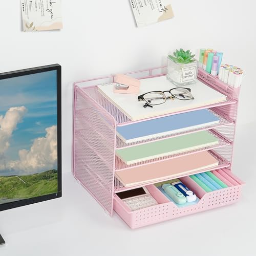LEKETREE Desk Organizers and Accessories, 5-Tier Paper Letter Tray Organizer with Drawer & 2 Pen Holders, Desktop Organizer for Office Supplies (Pink) - color: Pink, size: 12" x 8" x 10"