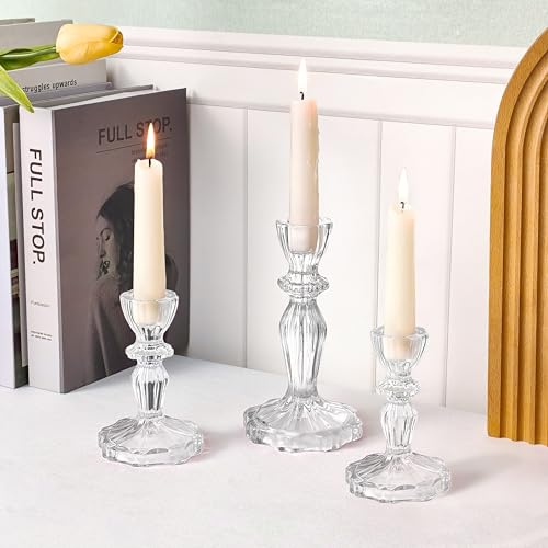 Glass Candlestick Holders Set of 6, Clear Stripe Taper Candle Holders for Table Centerpiece, Home Decorations, Wedding and Party - color: Clear 6pcs