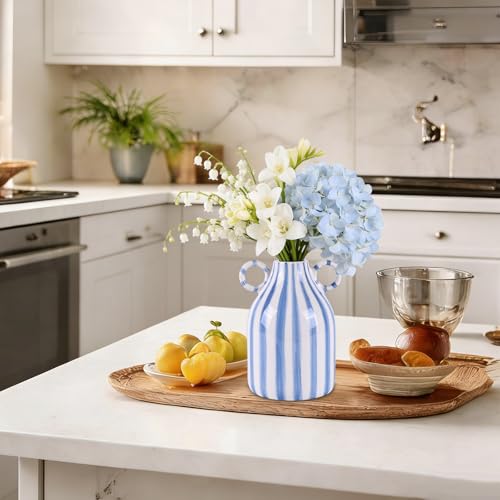 Blue and White Ceramic Vase with Handle, Nordic Boho Small Vases Side Table Flower Centerpiece, Wide Mouth Single Flower Vase Pampas Grass Decorative - for Home Window Sill Living Dining Room Kitchen - color: Blue and White