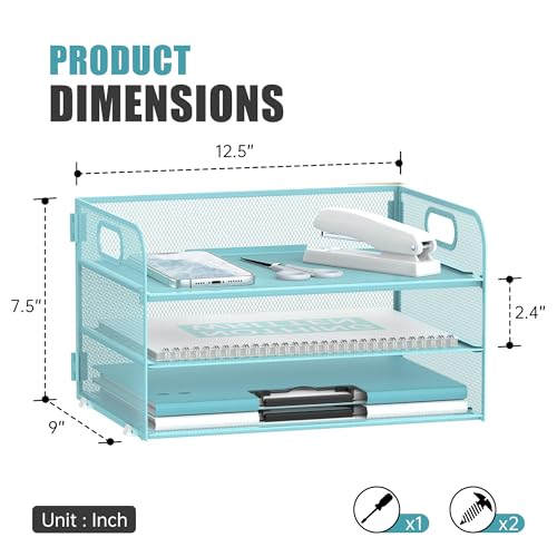 DALTACK 3 Tier Paper Organizer with Handle, Mesh Metal Desk Organizer with Sliding Paper Trays for Letter/A4 Paper, Mail, Bills & Folders, Blue - color: Blue