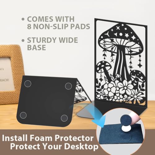 Mushroom Book Ends Stars Moon Metal Non-Slip Heavy Duty Book Shelf Holders Black Flowers Grass Reading Decorative Bookends for Shelf Decor(2pcs) Back to School - style: Mushroom,Moon