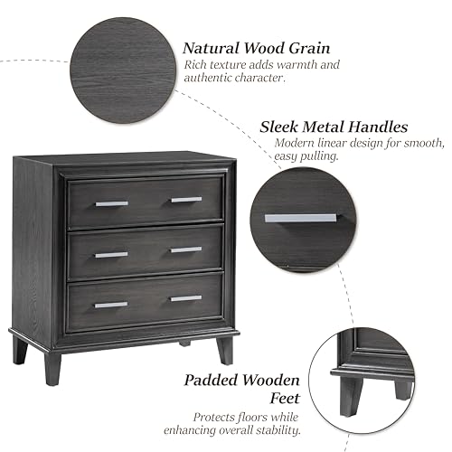 LONYKE Modern Nightstand 3 Drawer Wood Dresser with Metal Handles, Accent Bedside Table Storage Organizer, Vintage Mid-Century Table with Dark Finish, Black