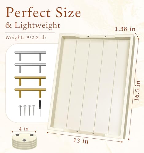 SXNOWS Ottoman Tray for Coffee Table & Couch, Large Wooden Serving Tray with 2 Set of Handles - Modern Farmhouse Rectangle Decorative Tray for Living Room Kitchen Includes 4 Coasters, Off-White/Cream - color: Off-white