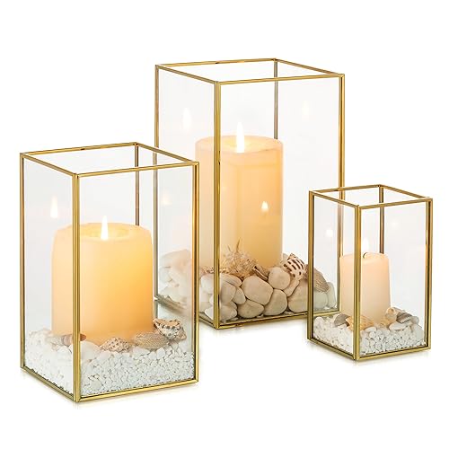 NUPTIO Hurricane Glass Candle Holders: 3Pcs Gold Lanterns Candle Holder for Pillar Candles Geometric Table Centerpiece for Outdoor & Indoor Wedding Christmas Holiday Party Decor 8.1 & 6.5 & 4.7 inch - color: Gold, size: 8.1 & 6.5 & 4.7 inch H - 3 Pcs