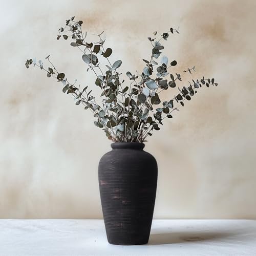 Large Ceramic Rustic Vase, 11" Black Terracotta Farmhouse Flower Vase, Modern Boho Pottery Decor for Living Room, Bathroom, Office, Shelf, Mantel