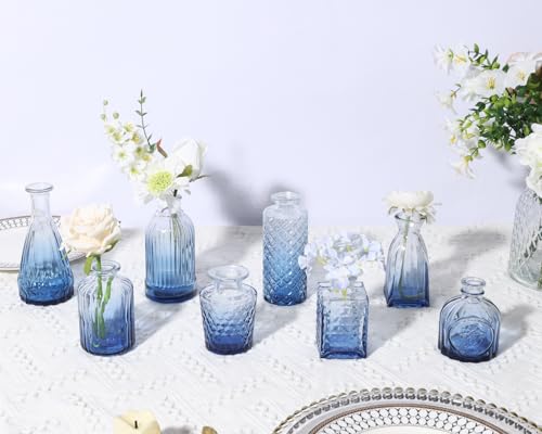 12 Pack Blue Glass Bud Vase Set, Small Vintage Vases for Centerpieces, Decorative Flower Vases for Wedding Home Table Decor - color: Blue, size: 12pcs