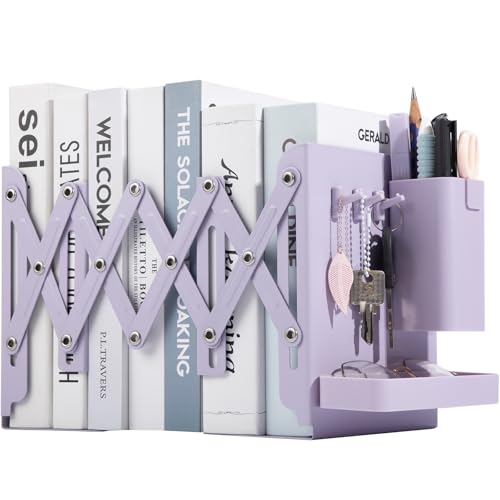 Adjustable Bookends, 19" Metal Book Ends for Heavy Books, 2 Dividers Bookends with Removable Pen Holder, Tray, and 3 Hook-up, Book Organizer for Office, School, Bookstore, Home - color: Purple
