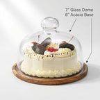 QWORK Glass Dome Cloche with Acacia Wood Tray – 7" Cover for Cakes, Cheese & Table Display