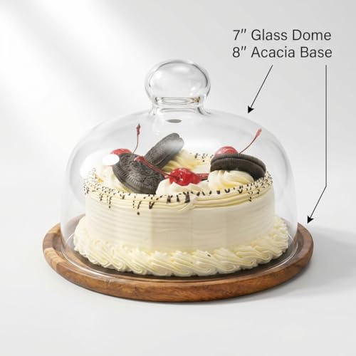 QWORK Glass Dome Cloche with Acacia Wood Tray – 7" Cover for Cakes, Cheese & Table Display