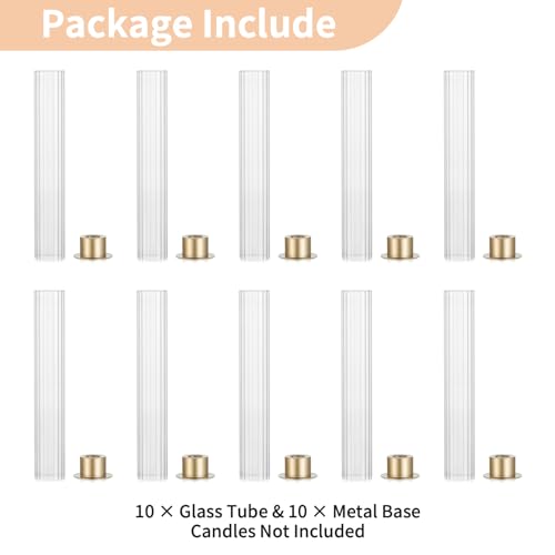 NUPTIO Hurricane Candle Holder for Centerpiece: Set of 10 Metal Taper Candle Holders with Fluted Glass Cylinders - Gold Candlestick Holders Bulk for Outdoor Party Dinner Wedding Table Decoration