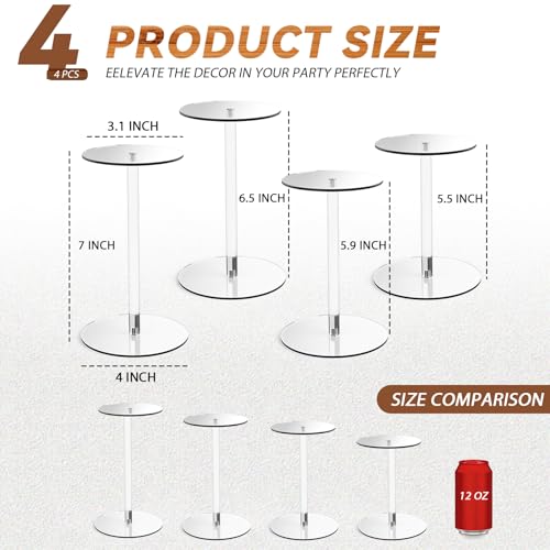 4 Pack Round Acrylic Display Stands, 5.5-5.9-6.5-7in Small Clear Acrylic Display Risers, Plastic Clear Pedestal Set for Gem Jewelry Display, Cupcake Party Table Decor