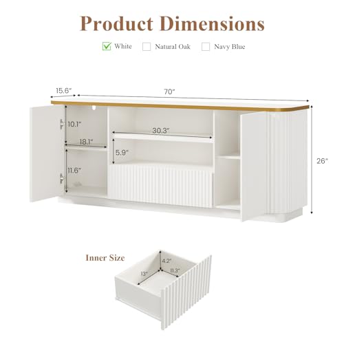 QUW 70" Fluted TV Stand for TVs Up to 80", Modern Entertainment Center with 2 Drawers & Cabinets, TV Console with Curved Profile Design, Luxury Wooden Media Console for Living Room, White - color: White