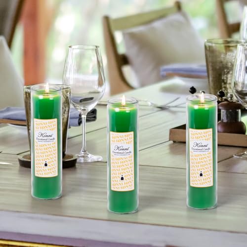 KONNI 2x8 Inch Green Pillar Candles in Glass Set of 3, Devotional Prayer Candle, Unscented Religious Candles, 105 Hours Emergency Long Burning, Ideal for Memorials, Vigil, Blessing - color: Green