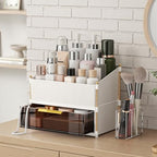 INVSSENE Stackable Makeup Organizer Countertop, Storage Perfume Skincare Cosmetic Lipstick Face Mask Makeup Brush Palettes, Ideal for Vanity Bathroom Counter - color: 3514 White+Coffee