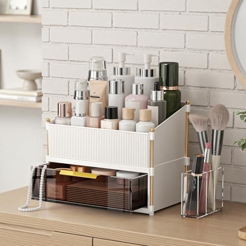 INVSSENE Stackable Makeup Organizer Countertop, Storage Perfume Skincare Cosmetic Lipstick Face Mask Makeup Brush Palettes, Ideal for Vanity Bathroom Counter - color: 3514 White+Coffee