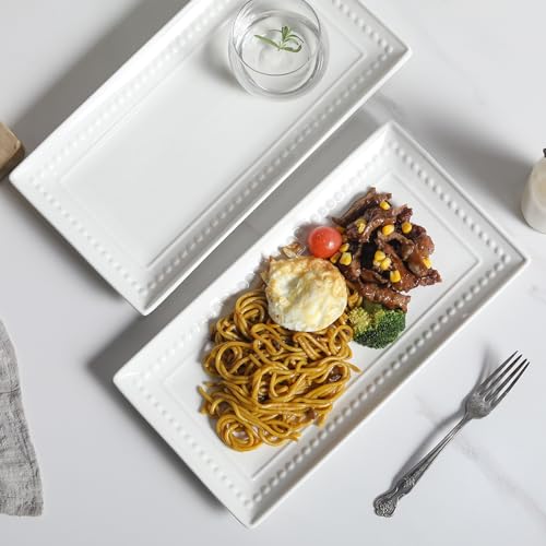 14 inch Ceramic Serving Platter - Rectangular Serving Trays Set of 4, Large Embossed Plates, Porcelain White Platters for Steak, Appetizer, Dessert, Tacos, Housewarming, Oven Dishwasher Safe