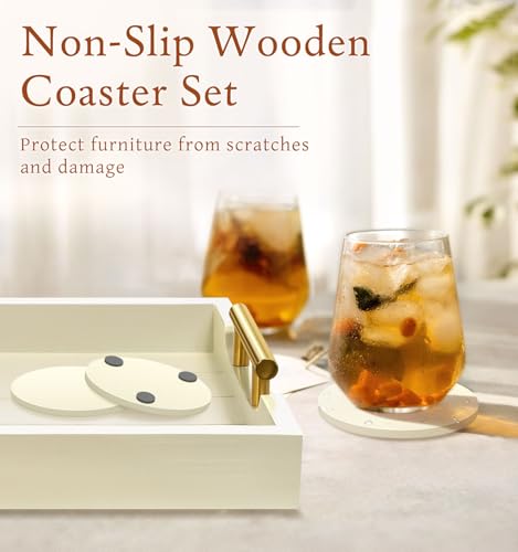 SXNOWS Ottoman Tray for Coffee Table & Couch, Large Wooden Serving Tray with 2 Set of Handles - Modern Farmhouse Rectangle Decorative Tray for Living Room Kitchen Includes 4 Coasters, Off-White/Cream - color: Off-white